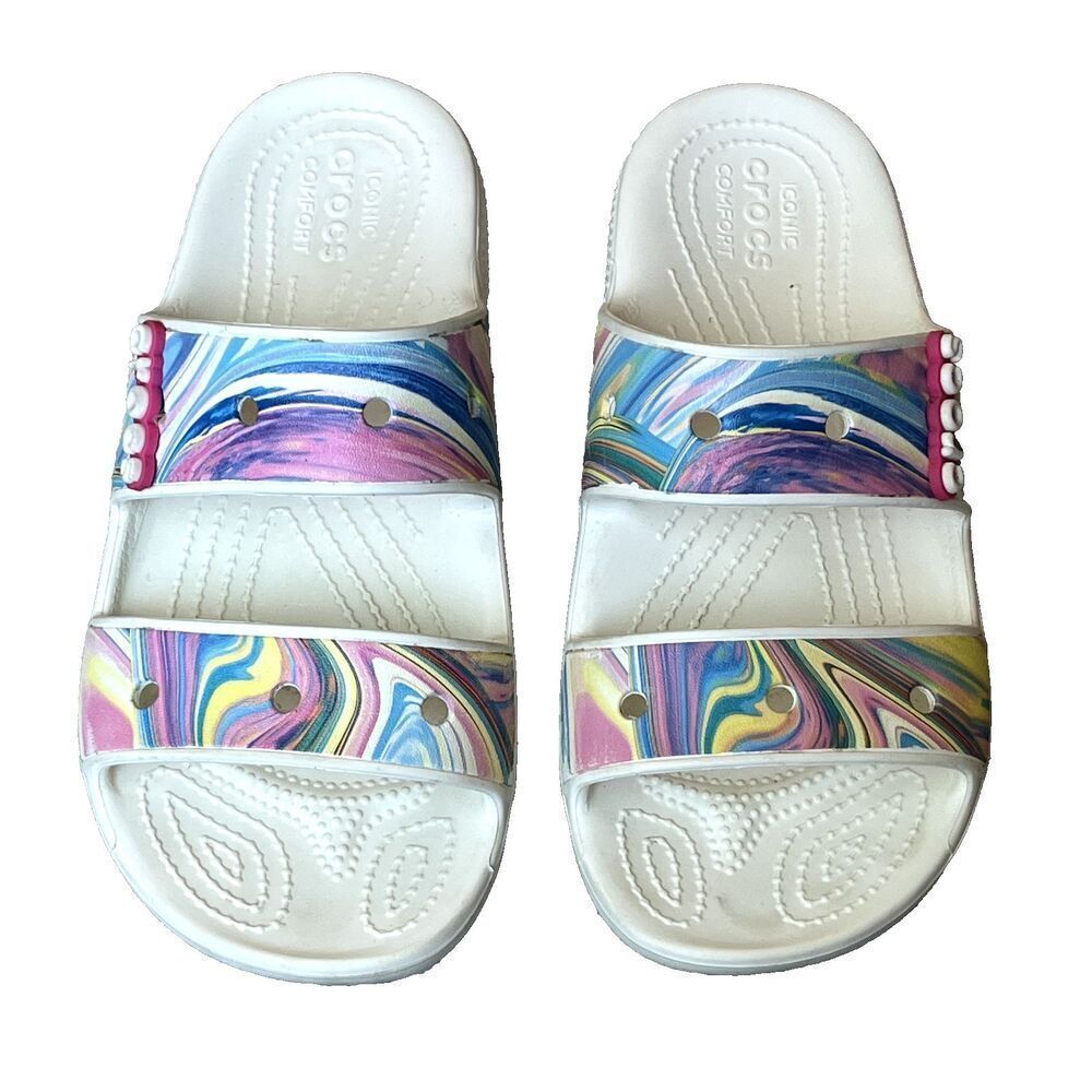 Crocs Classic Sandal White‎ Multi Color Marble Swirl Slide Mens 6 Womens 8